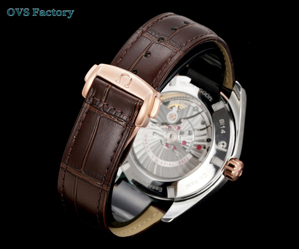 Omega Seamaster wristwatch showing side profile, brown leather strap, rose-gold crown