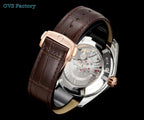 Omega Seamaster wristwatch showing side profile, brown leather strap, rose-gold crown