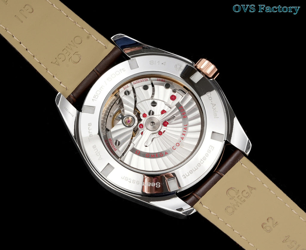 Omega Seamaster wristwatch with open dial showing silver movement, brown leather strap