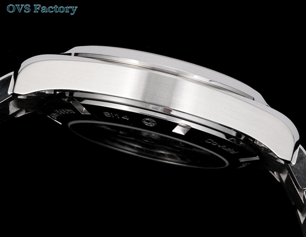 Silver metal wristwatch case with side profile and polished bezel edge.