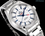 Silver wristwatch with white dial, blue hour markers, blue hands, red seconds triangle.