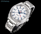 Silver stainless steel wristwatch with white dial, blue hands, red seconds marker, metal bracelet.