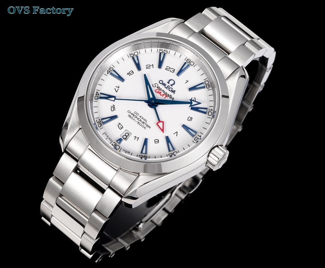 Silver stainless steel wristwatch with white dial, blue hands, red seconds marker, metal bracelet.
