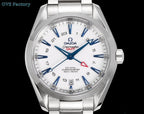 Silver wristwatch with white dial, blue hour markers, blue hands, red triangle, metal bracelet.