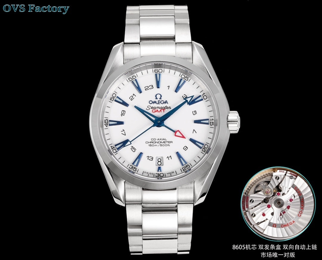 Silver stainless steel wristwatch with white dial, blue hands, red triangle, metal bracelet.