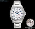 Silver stainless steel wristwatch with white dial, blue hands, red triangle, metal bracelet.