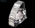 Silver stainless steel wristwatch angled side view with metal bracelet and visible crown.