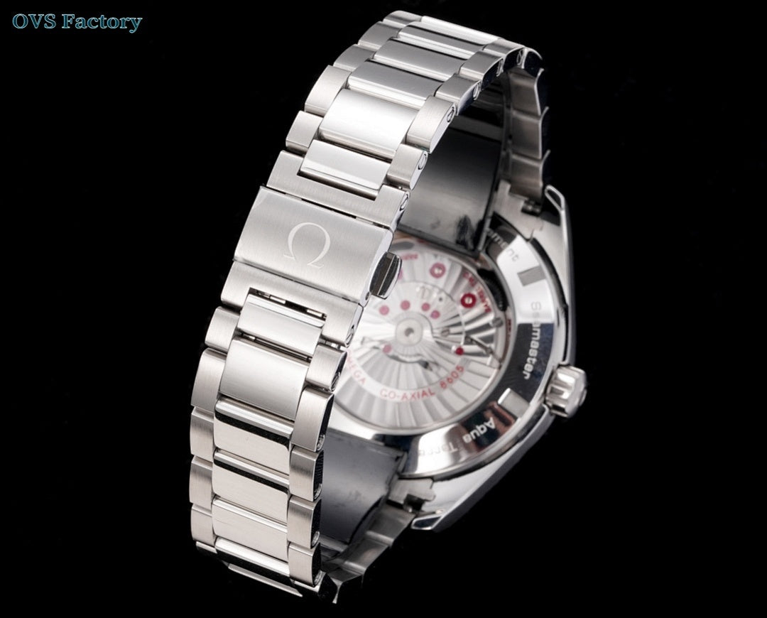 Silver stainless steel wristwatch angled side view with metal bracelet and visible crown.