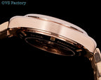 Omega Seamaster GMT wristwatch side view with rose-gold case and crown