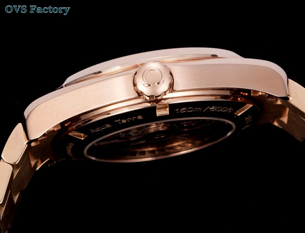 Omega Seamaster GMT wristwatch back view with rose-gold case and engraved center