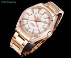 Omega Seamaster GMT wristwatch angled front view with rose-gold bracelet