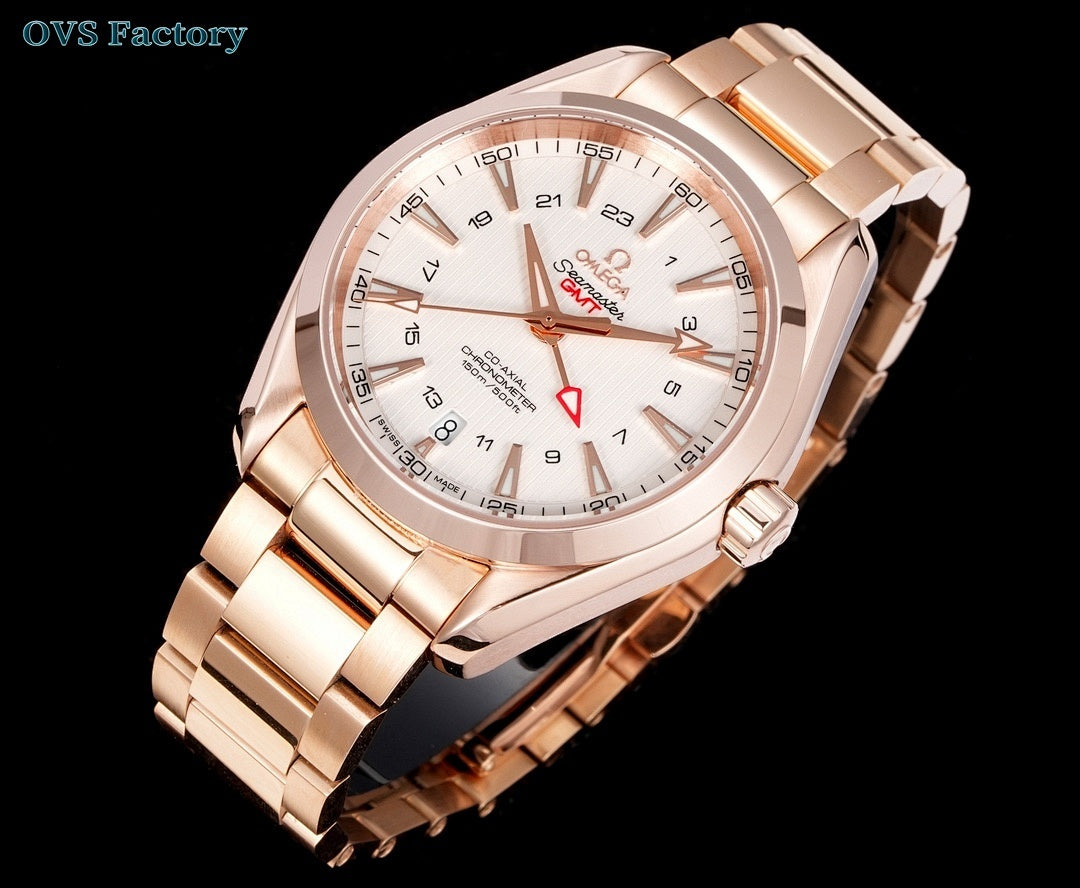 Omega Seamaster GMT wristwatch angled front view with rose-gold bracelet
