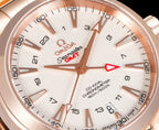 Omega Seamaster GMT watch dial close-up with rose-gold markers and hands