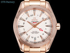 Omega Seamaster GMT wristwatch front view with rose-gold case and white dial