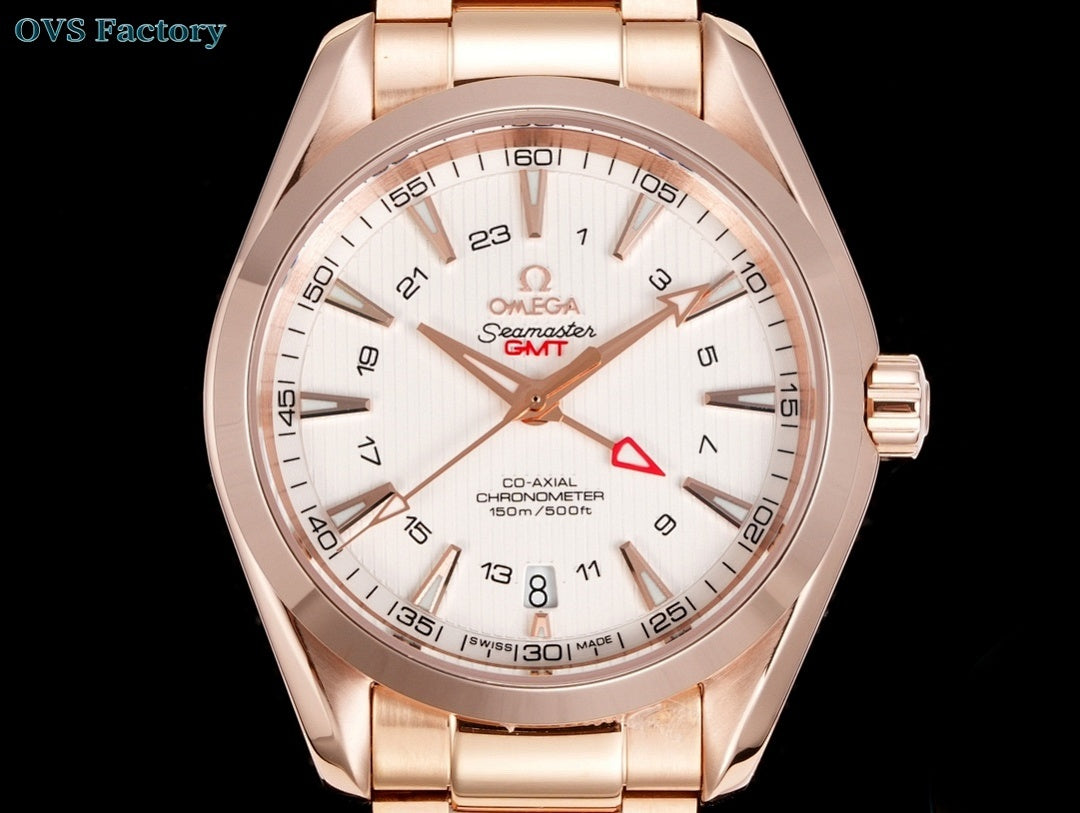 Omega Seamaster GMT wristwatch front view with rose-gold case and white dial