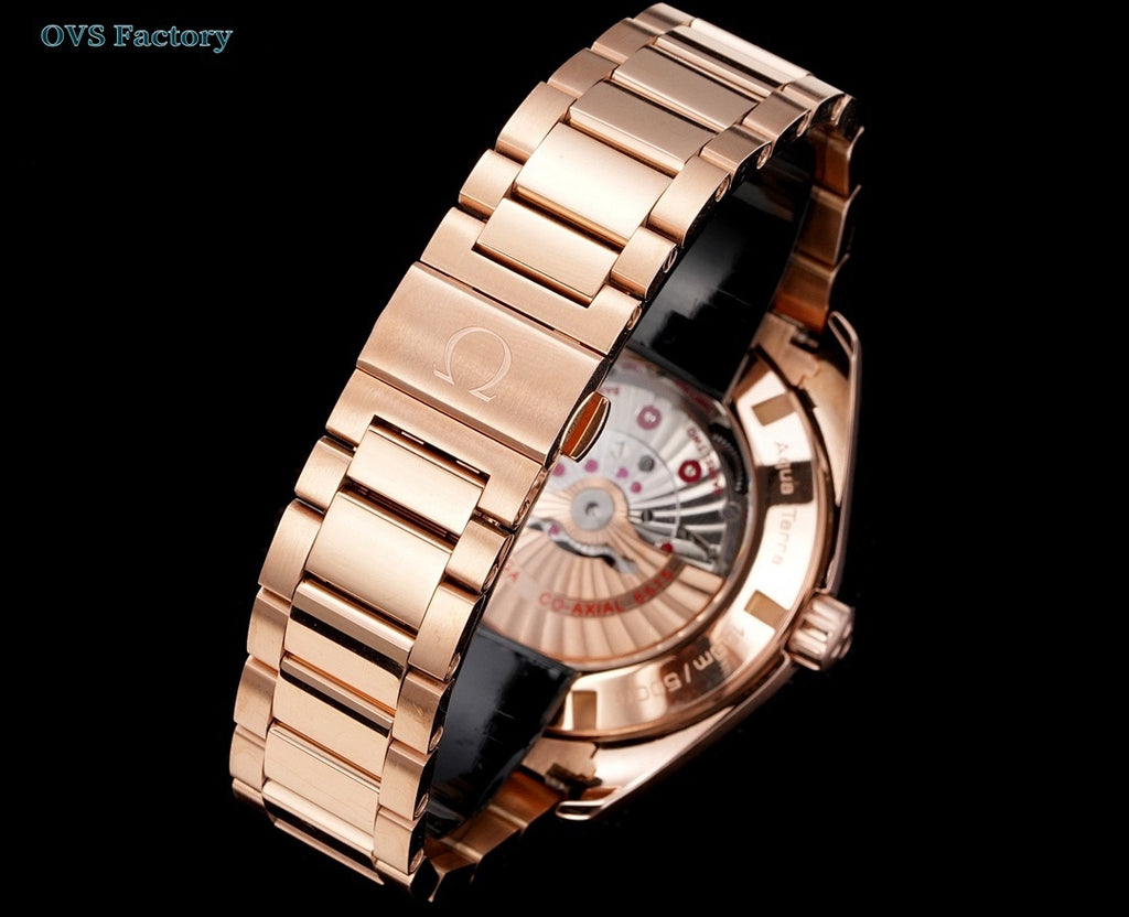 Omega Seamaster GMT wristwatch showing rose-gold caseback and exposed movement