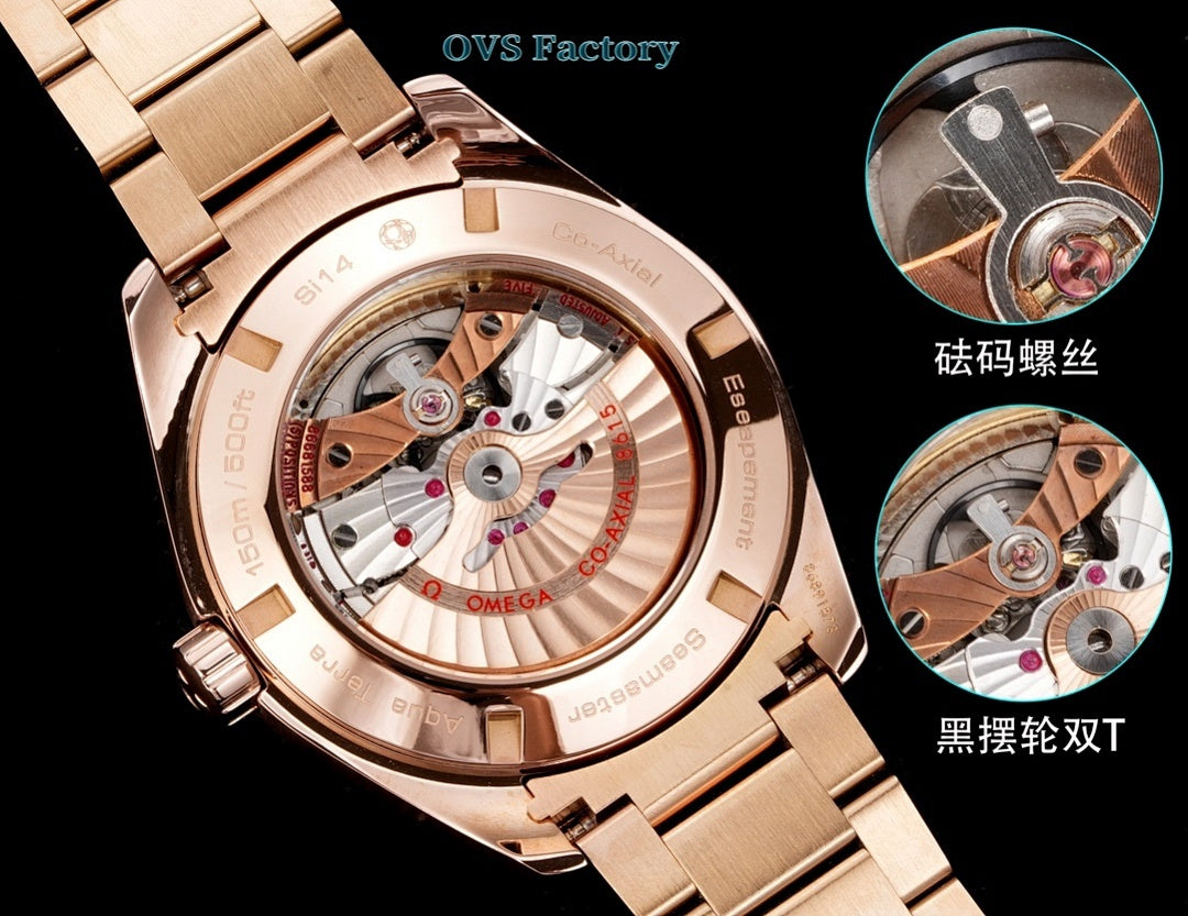 Omega Seamaster GMT wristwatch with rose-gold caseback and visible mechanical movement