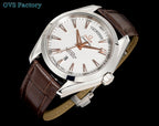 Omega Seamaster watch with champagne dial, rose-gold accents, and brown leather strap