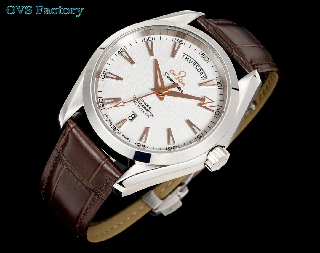 Omega Seamaster watch with champagne dial, rose-gold accents, and brown leather strap