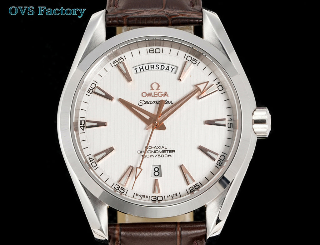 Omega Seamaster watch with white dial, rose-gold accents, and brown leather strap