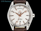 Omega Seamaster watch with white dial, rose-gold accents, and brown leather strap