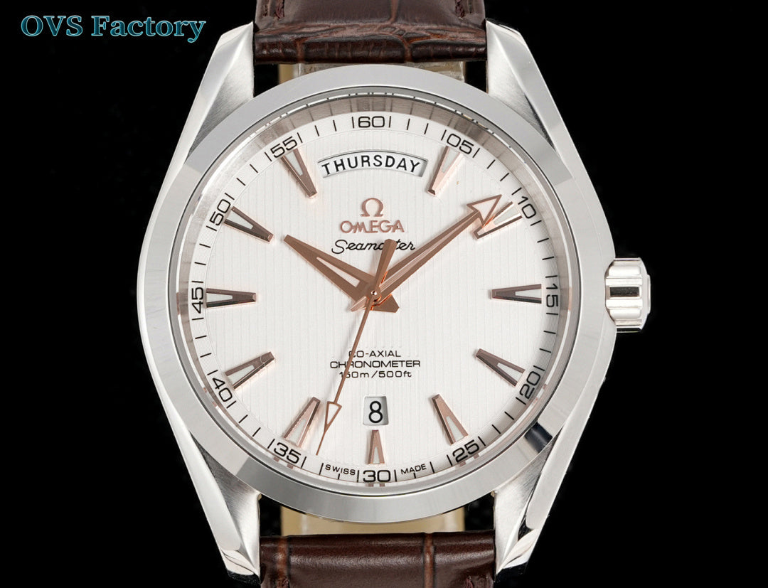 Omega Seamaster watch with white dial, rose-gold accents, and brown leather strap