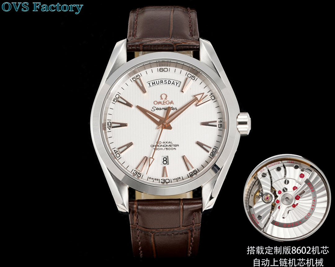 Omega Seamaster watch with black dial, rose-gold case, and brown leather strap