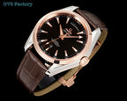 Omega Seamaster watch with dark dial, rose-gold bezel, and brown leather strap