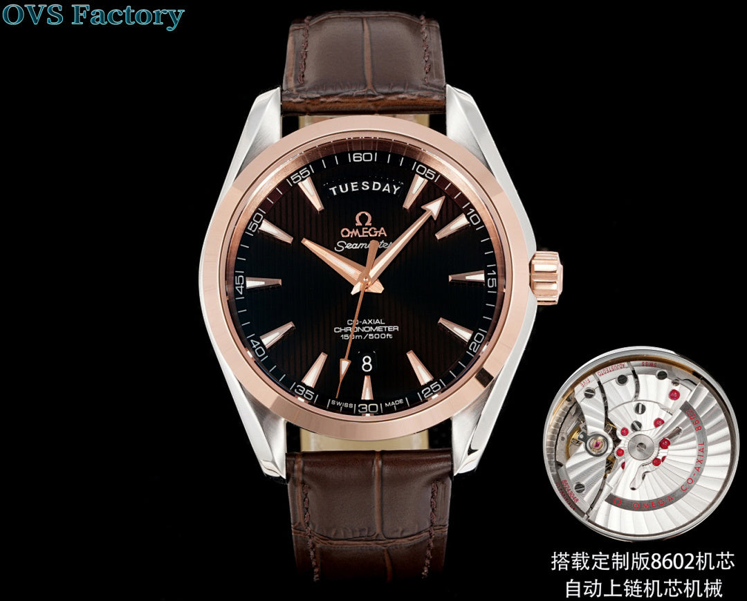 Omega Seamaster watch with black dial, rose-gold bezel, and brown leather strap