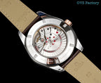 Omega Seamaster watch with silver skeleton dial and brown leather strap