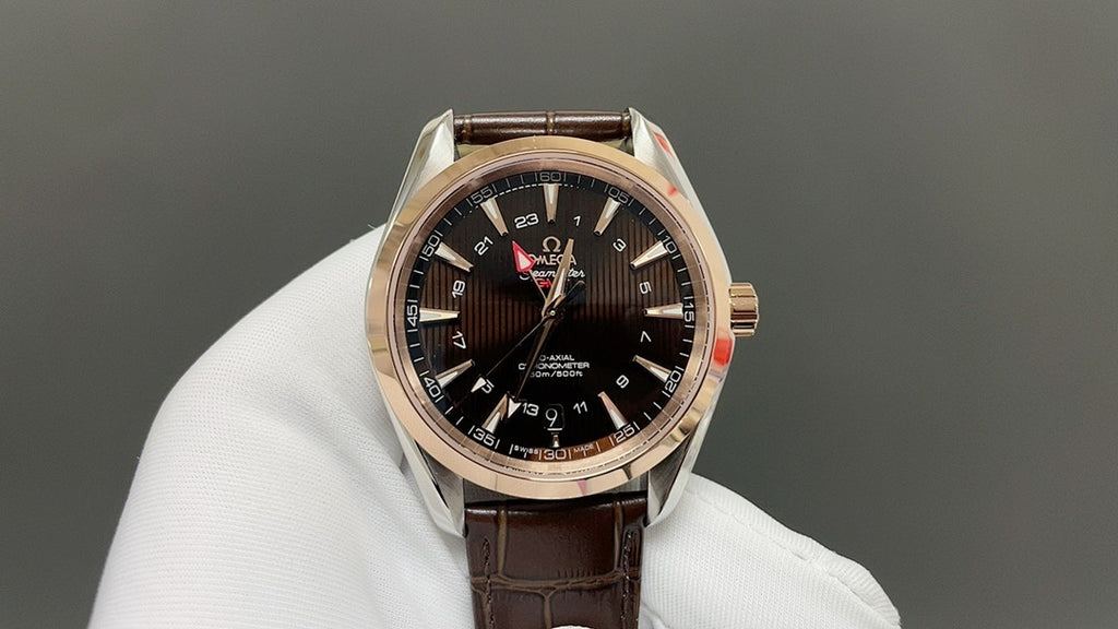 Analog wristwatch with black dial and gold-tone case, brown leather strap