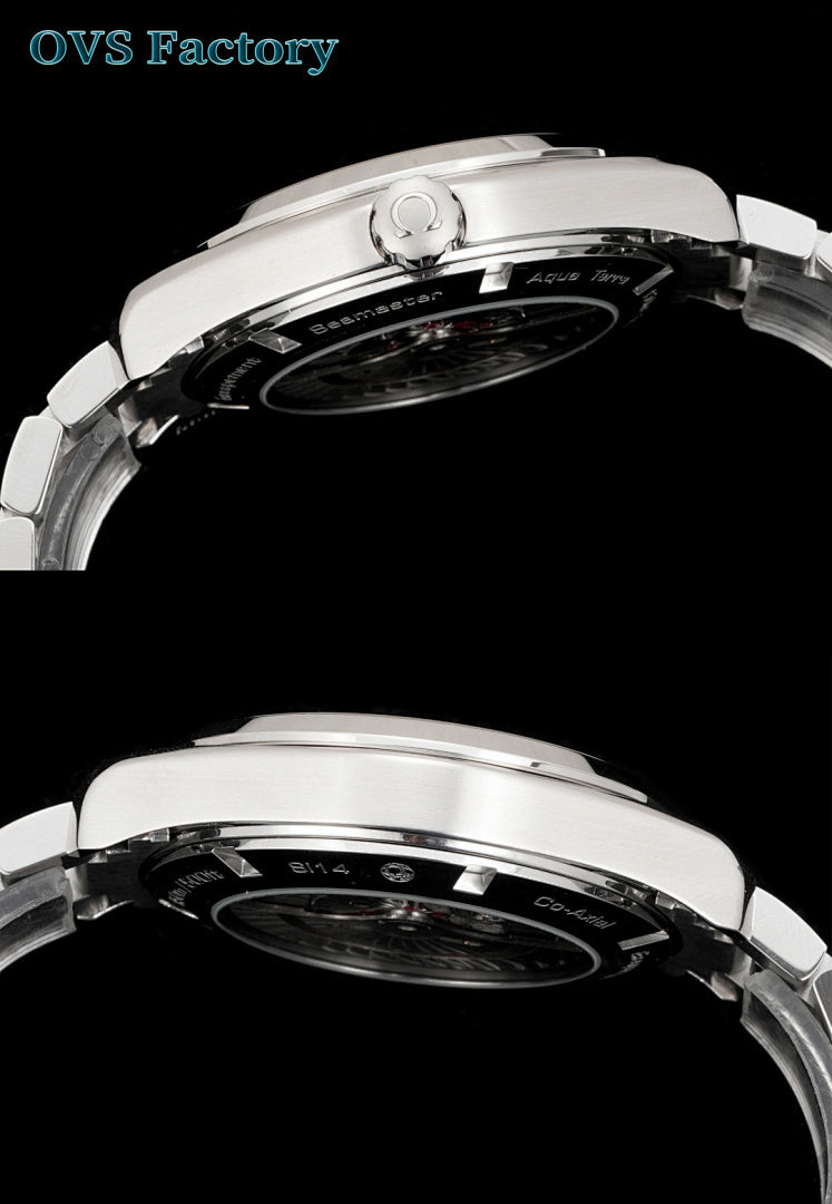 Omega watch case and crown, black dial ring details, brushed silver finish