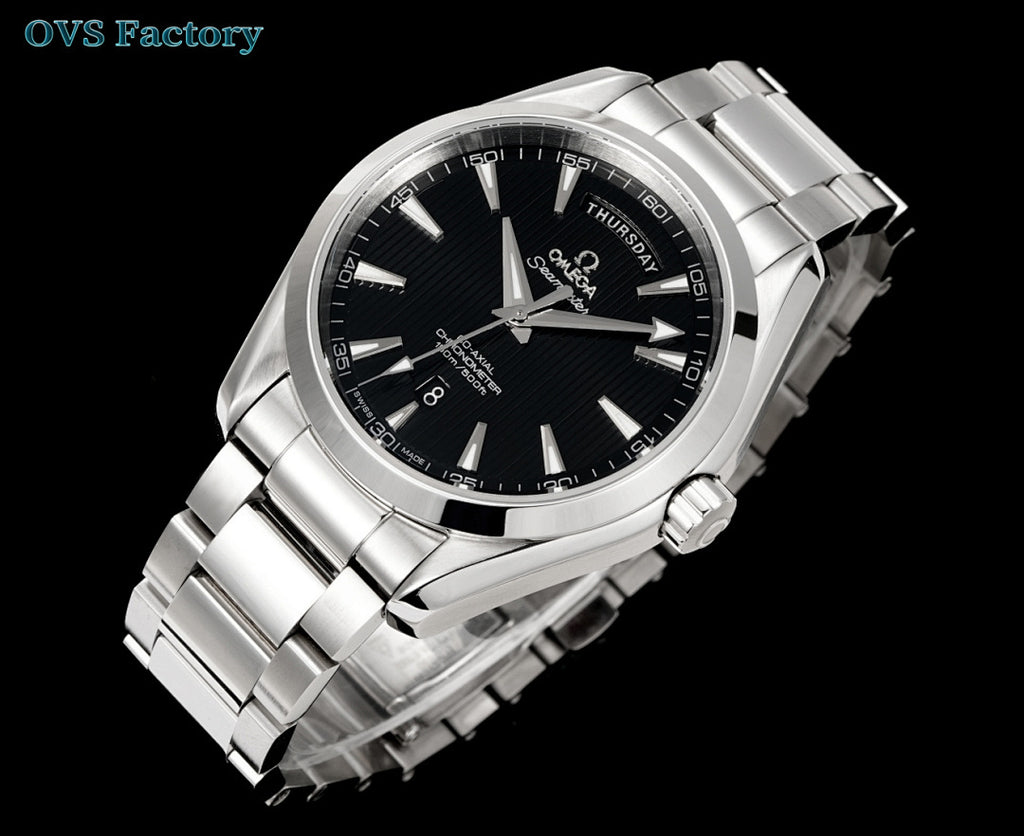 Omega watch with black dial, metal bracelet, and date display at 6