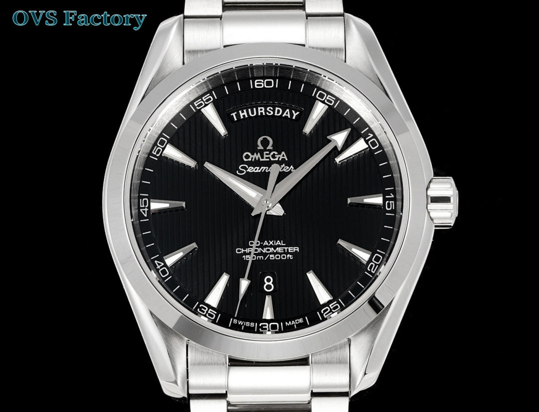 Omega watch with black dial and metal bracelet, 'THURSDAY' day window at center