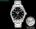 Omega watch with blue dial, silver bezel, metal bracelet, day/date window at 6