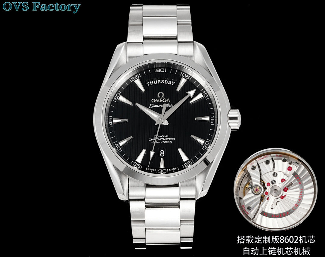 Omega watch with blue dial, silver bezel, metal bracelet, day/date window at 6