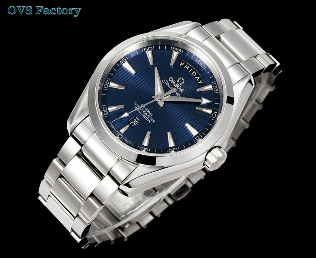 Omega watch with blue dial, silver bracelet links, angled side view