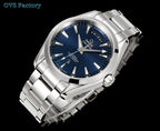 Omega watch with blue dial, silver bracelet links, angled side view