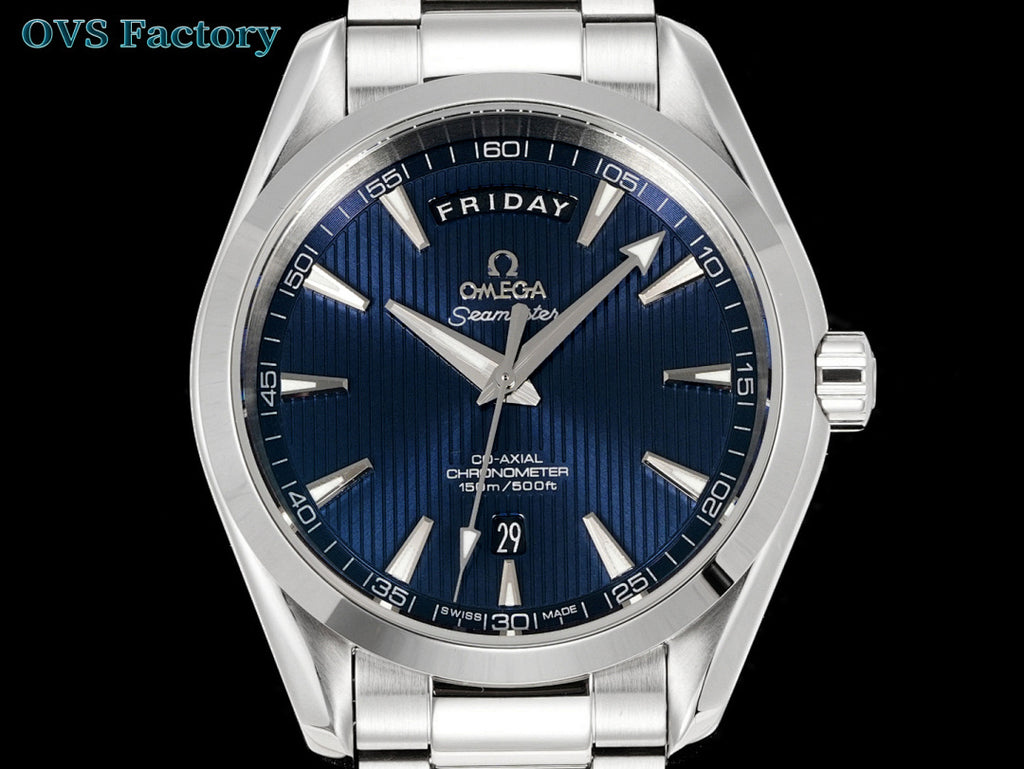 Omega watch with blue dial, baton hands, day label, and date at 6