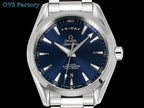 Omega watch with blue dial, baton hands, day label, and date at 6