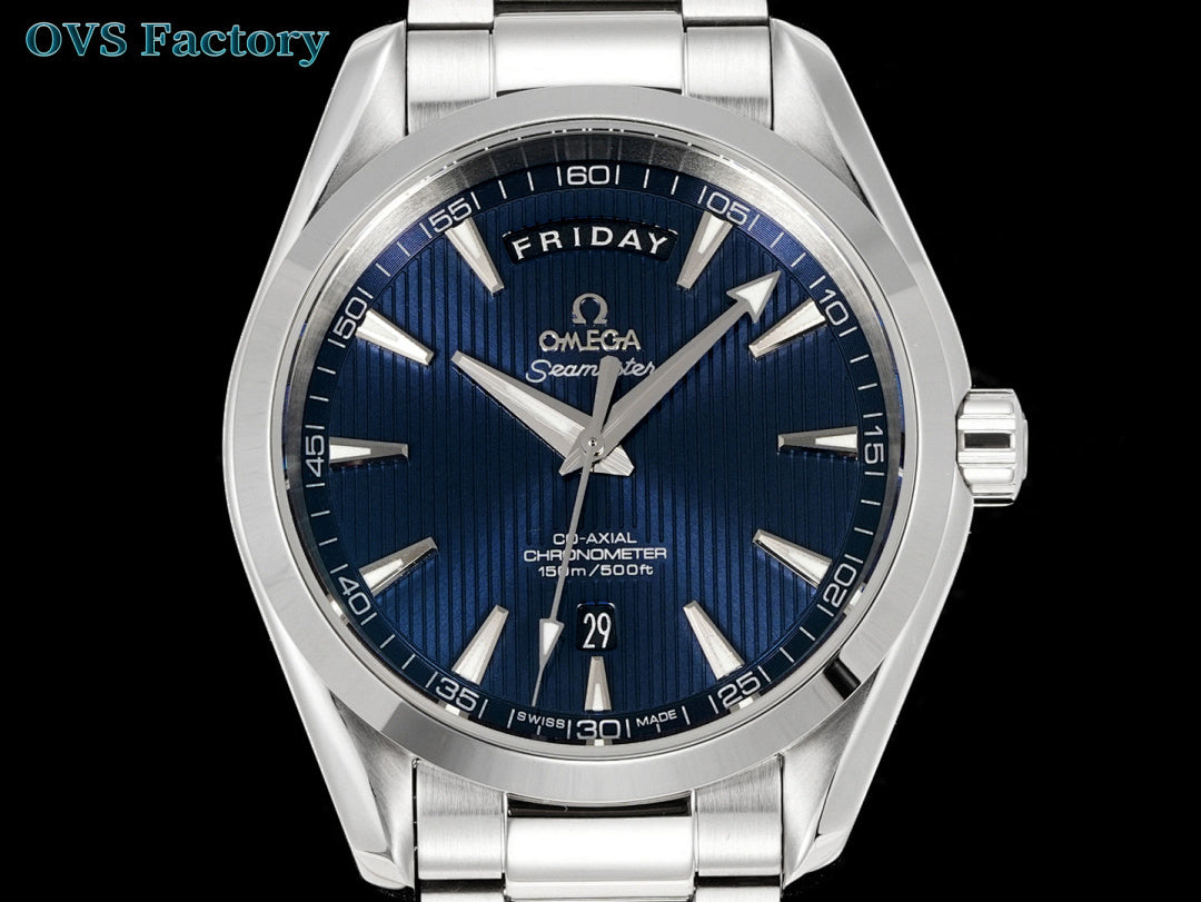 Omega watch with blue dial, baton hands, day label, and date at 6
