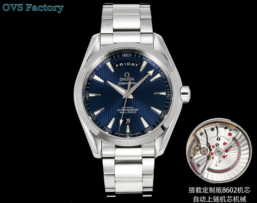 Omega watch with blue dial and metal bracelet, caseback movement window