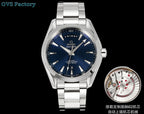 Omega watch with blue dial and metal bracelet, caseback movement window