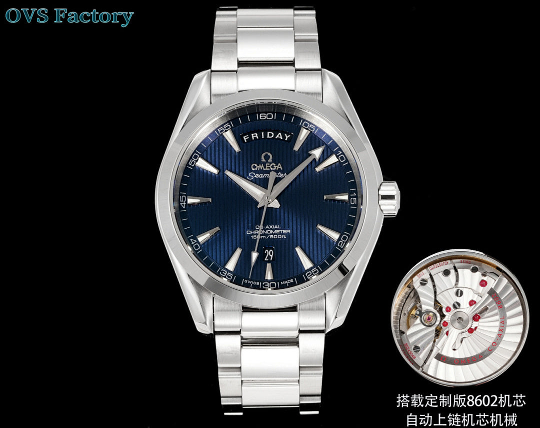 Omega watch with blue dial and metal bracelet, caseback movement window