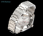 Omega watch with silver metal case and bracelet, side view with open caseback window