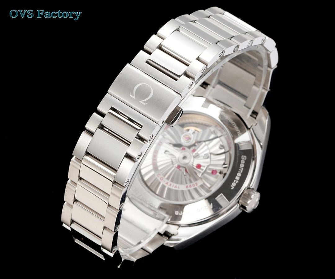 Omega watch with silver metal case and bracelet, side view with open caseback window