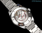Omega watch with metal bracelet and transparent caseback showing mechanical movement