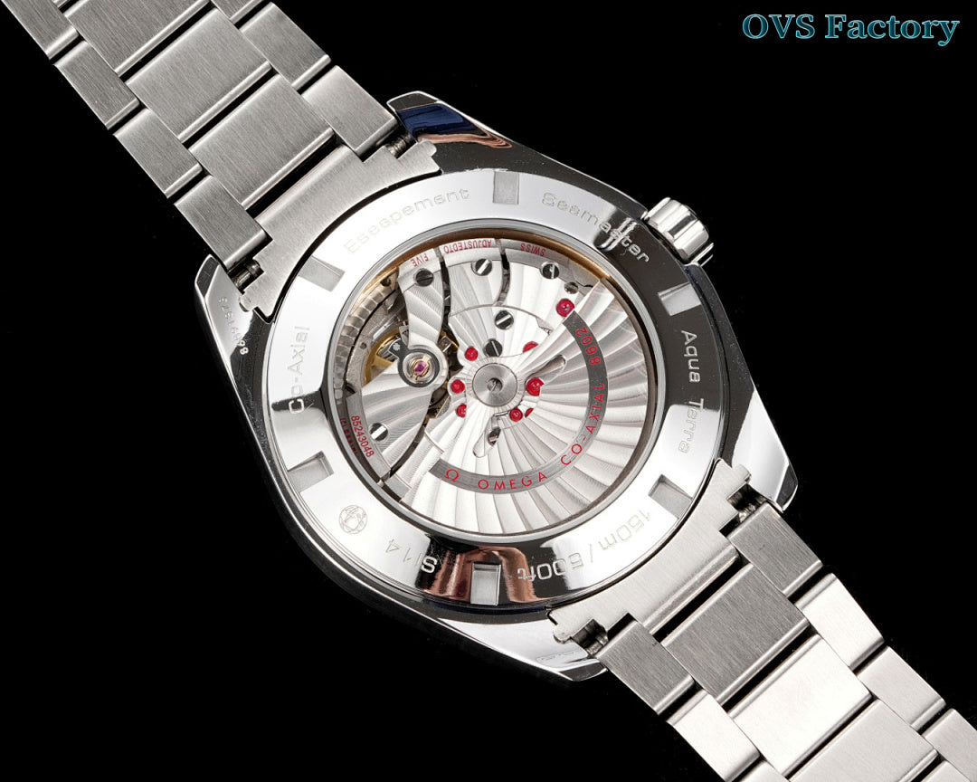Omega watch with metal bracelet and transparent caseback showing mechanical movement