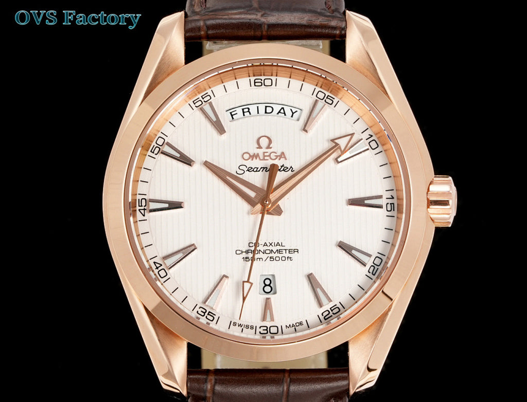 Rose-gold tone wristwatch with white dial, brown leather strap, date window at 8.