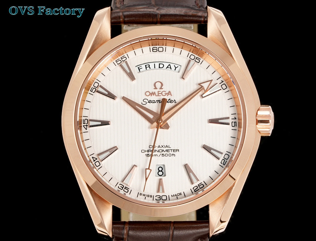 Rose-gold tone wristwatch with white dial, brown leather strap, date window at 8.